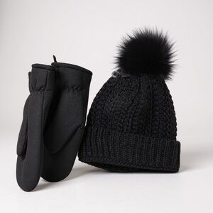 Ardene Black Knit Mittens and Pom-Pom Hat Set